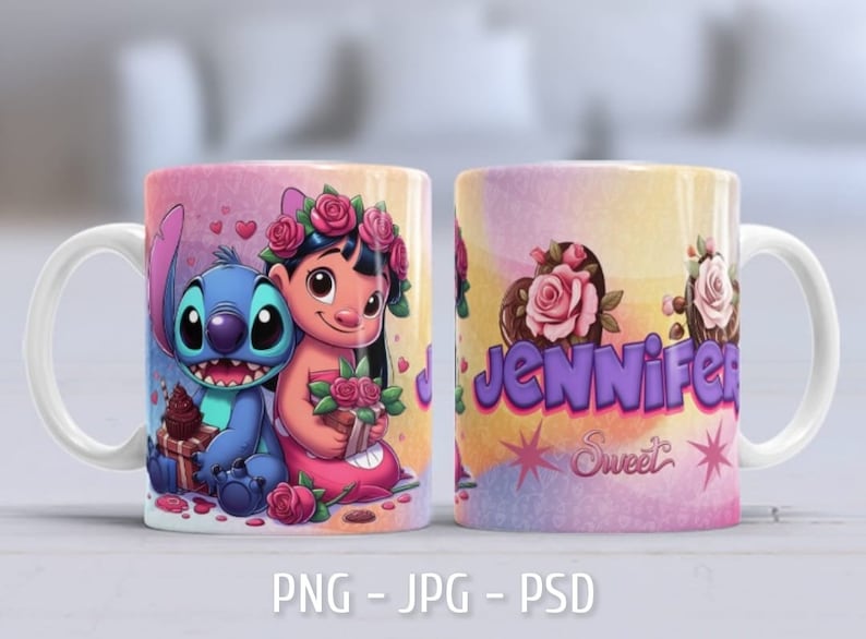May include: A white ceramic mug with a pink, yellow, and blue design. The mug features a cartoon image of Stitch and Lilo from the Disney movie Lilo & Stitch. The text "Jennifer Sweet" is printed on the mug.