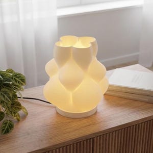 Könnte beinhalten: Eine weiße, leuchtende Tischlampe mit einer einzigartigen, organischen Form steht auf einem Holzschrank. Neben der Lampe befindet sich eine kleine Topfpflanze mit grün-weißen Blättern und ein Stapel Bücher. Das Kabel der Lampe ist sichtbar.