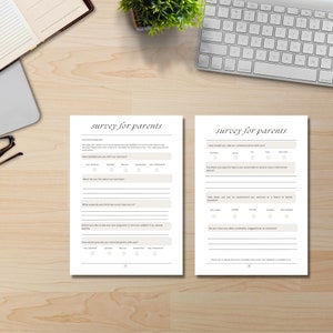 May include: Two beige pages with the text "survey for parents" at the top of each page. The pages contain a survey with questions about customer satisfaction and communication.