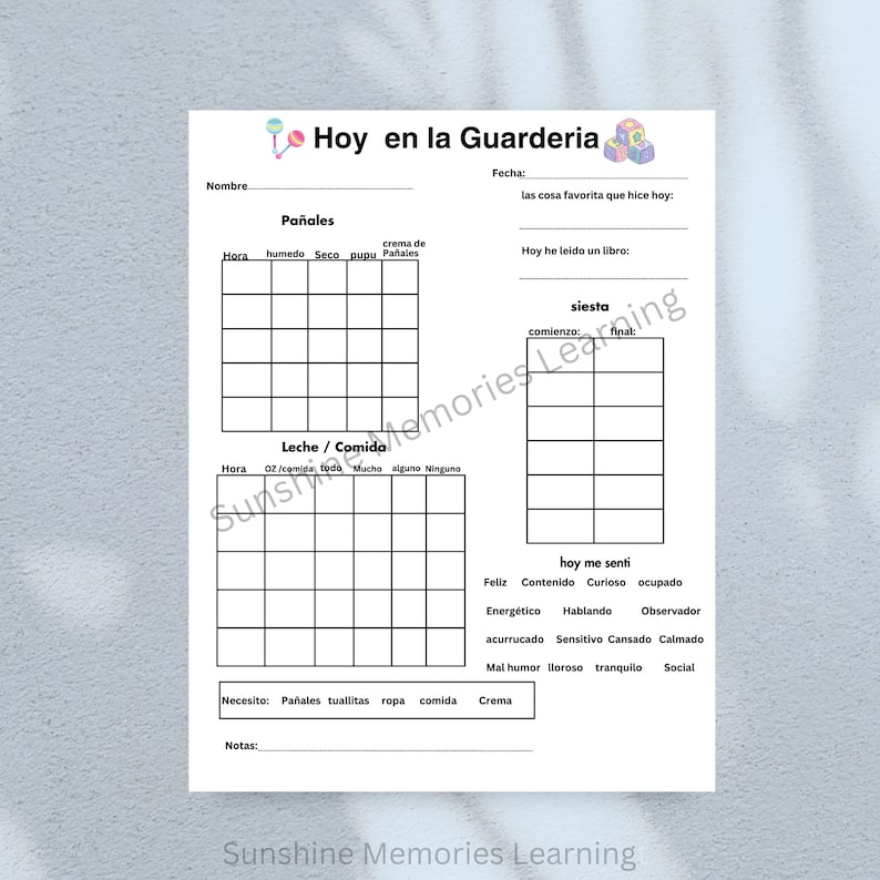 Daily report for infants in english and spanish etsy