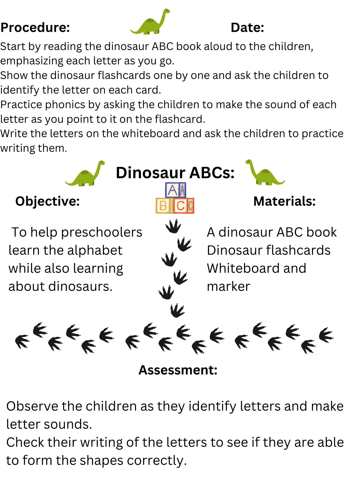 5 Dinosaur Theme Lesson Plan Printable Worksheets, Toddler, Preschool