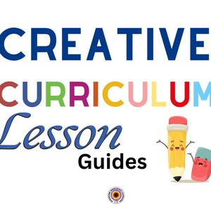 Pode incluir: Um fundo branco apresenta as palavras "CREATIVE CURRICULUM Lesson Guides" em várias cores e fontes. Também estão presentes um lápis e uma borracha de desenho animado com rostos sorridentes. A imagem é para fins educacionais.