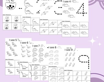 Dinosaurs number tracing and color practice printable/preschool/daycare/nannie/homeschool/digital print