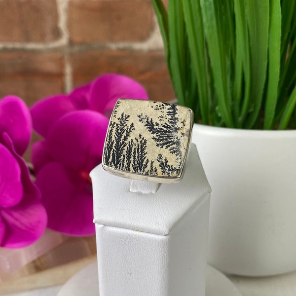 Dendritic Limestone Sterling Silver Ring - Sized and Adjustable