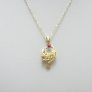 Vintage 9ct Gold Ruby Diamond Nouveau Pendant Necklace 16 Inch Twist Chain