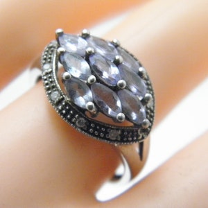 Antique / Vintage Sterling Silver Tanzanite Diamond Cluster Ring Size N (US Size 6.75)