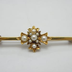 Antique 15ct Gold Pearl Bar Brooch Pin c1870 Heavy 7g