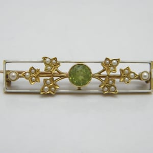 Antique 15ct Gold Peridot Pearl Suffragette Bar Brooch Pin c1910