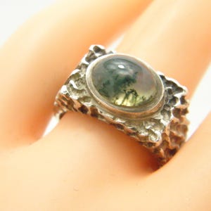 Vintage Sterling Silver Moss Agate Signet Ring Band Size O (US Size 7.25)
