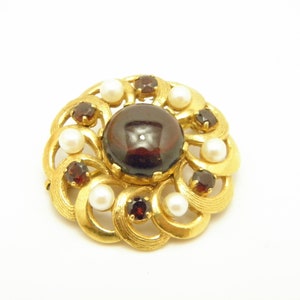Vintage 9ct Gold Massive Garnet Pearl Brooch Pin c1950 High Quality 10g