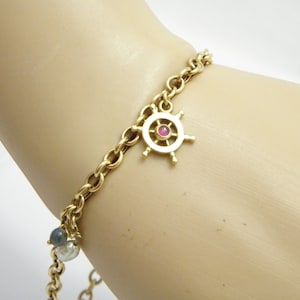 Vintage 18ct Heavy Gold Nautical Charm Bracelet with Sapphire Ruby etc, 7.75 Inch 10g