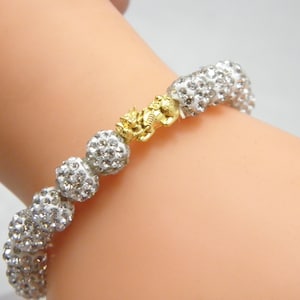 Handmade 18ct Gold White Crystal Shamballa Bracelet For Prosperity Adjustable