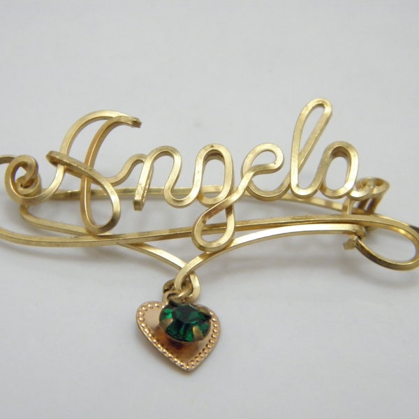 Vintage 9ct Gold Diopside Angela Name Identity Brooch Pin c1950