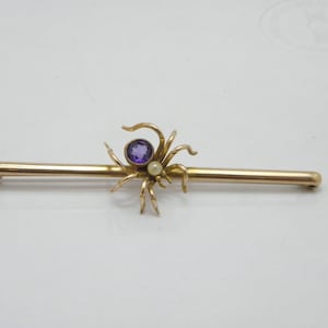 Antique 9ct Gold Amethyst Pearl Spider Bug Bar Brooch Pin c1880 Heavy 7g