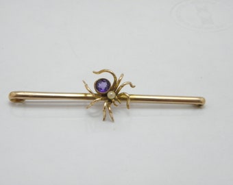 Antique 9ct Gold Amethyst Pearl Spider Bug Bar Brooch Pin c1880 Heavy 7g