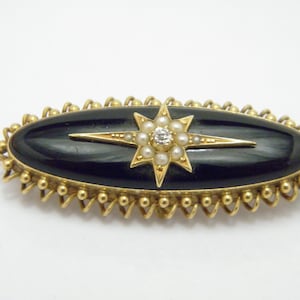 Antique 15ct Gold Diamond Pearl Onyx Mourning Brooch Pin c1880 Heavy 10g