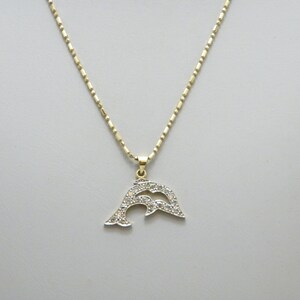 Vintage 14ct Gold Heavy Dolphin Dia Pendant Necklace 19 Inch Popcorn Chain 6g