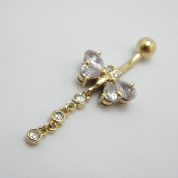Vintage 9ct Heavy Gold Dia Butterfly Belly Bar Dangler 44mm c1980