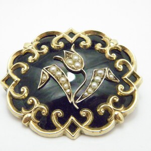 Antique 9ct Gold Pearl Enamel Mourning Brooch Pin c1860 Heavy 17g