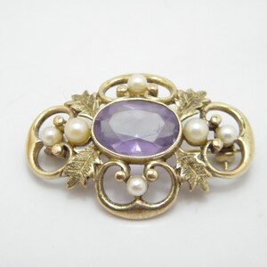 Vintage 9ct Gold Massive Amethyst Pearl Brooch Pin c1960 High Quality 9g