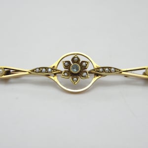 Antique 15ct Gold Aquamarine Pearl Cluster Bar Brooch Pin c1860 Quality