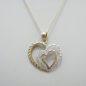 Vintage 10ct Gold Diamond Double Heart Pendant Necklace 17 Inch Twist Chain