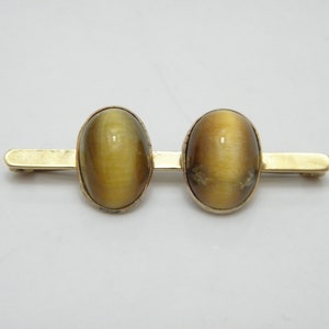 Vintage 9ct Gold Heavy Tigers Eye Bar Brooch Pin c1950 High Quality 5g