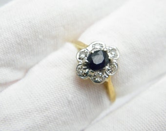 Antieke 18 kt goud platina diamanten saffierclusterring bandmaat J (Amerikaanse maat 5)