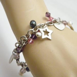 Vintage Sterling Silver Heavy Charm Bracelet 7.5 Inch 31g Heart Star Pearl