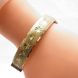 Vintage 9ct Gold RG Deco Hinged Cuff Bangle Bracelet c1950 13mm Wide, 7.2 Inch