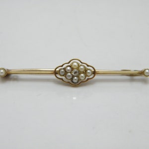 Antique 15ct Gold Diamond Pearl Cluster Bar Brooch Pin c1880 Quality