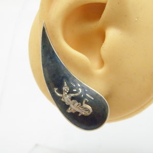 Vintage Sterling Silver Huge Niello Clip On Cuff Earrings (Pair) 45mm c1960