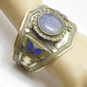 Antique Bedouin Silver Lapis Lazuli Torque Cuff Bangle c1900 60mm Wide Heavy 50g