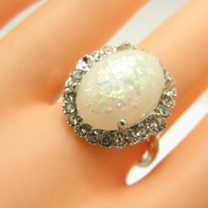 Vintage Sterling Silver Opalite Diamond CZ Cocktail Ring Band Size R 1/2 (US Size 9)