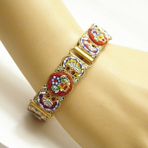 Antique 9ct Gold Thick Micro Mosaic Panel Bracelet 7.75 Inch 16mm Wide c1870