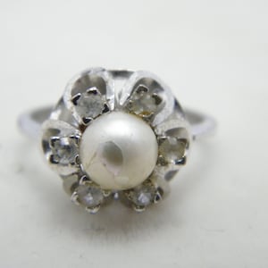 Antique / Vintage Sterling Silver Pearl Quartz Cluster Dress Ring Size N 1/2 (US Size 7)