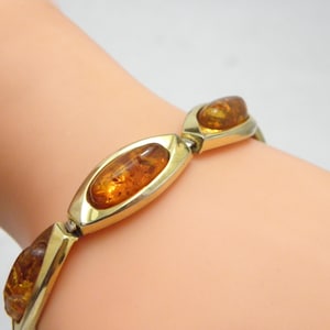Antique 8ct Gold Heavy Baltic Amber Panel Bracelet 7.5 Inch 12mm Wide 24g c1920s