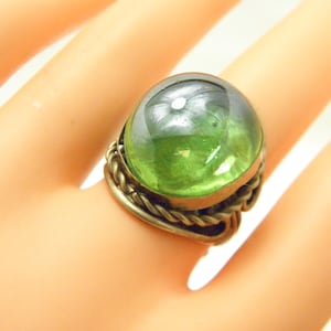 Antique Sterling Silver Huge Green Glass Statement Ring Band Adjustable c1800