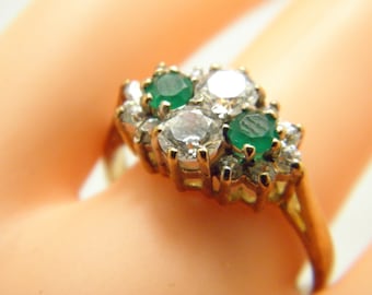 Vintage 9ct Gold Heavy Emerald Dia Cluster Ring Band Size Q 1/2 (US Size 8.5)