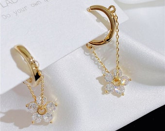 Korean zircon flower hoop earrings, Gold Minimalist flower drop earrings, bridal wedding earrings, anniversary gift, cute flower jewelry