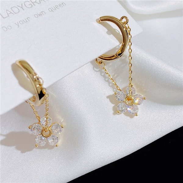 Korean zircon flower hoop earrings, Gold Minimalist flower drop earrings, bridal wedding earrings, anniversary gift, cute flower jewelry