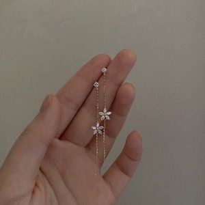 925 Sterling Silver Korean flower tassel earrings, Minimalist bridal wedding earrings, Zircon flower drop earrings, anniversary gift