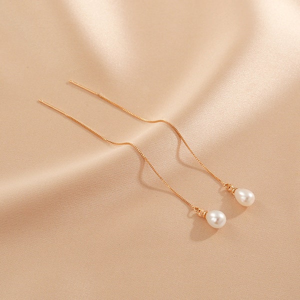 Gold threader freshwater pearl drop earrings, bridal wedding earrings, minimalist pearl earrings, korean earrings, anniversary gift