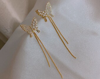 Gold Korean butterfly dangle and drop earrings, butterfly tassel earrings, bridal wedding earrings, animal earrings for anniversary gift