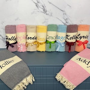 Custom Name Turkish Towel, Bridesmaid Gift, Embroidered Peshtemal, Wedding Favor, Bachelorette Beach Towel, Wedding Gift, Custom Beach Towel