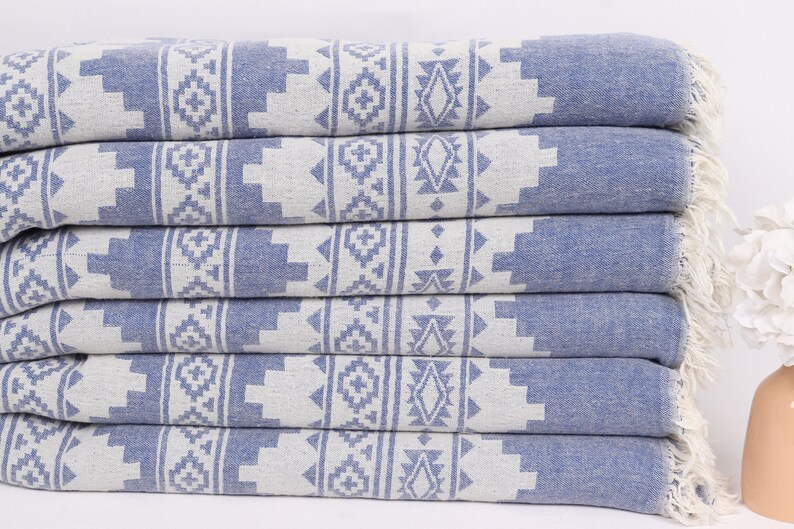 Personalized Gifts, Kilim Throw, 56x85 Inches Sax Blue Cotton Throw, Decorative Blanket, Throw Blanket Couch, Embroidery Bedspread, image 3