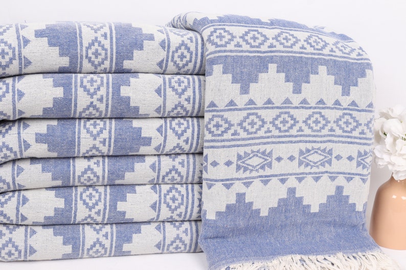 Personalized Gifts, Kilim Throw, 56x85 Inches Sax Blue Cotton Throw, Decorative Blanket, Throw Blanket Couch, Embroidery Bedspread, image 2