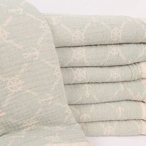 Throw Blanket Couch, Gift For Her, Woven Blanket, Marine Design Throw, Bedspread, 67x87 Inches Mint Cotton Throw, Turkish Tablecloth,