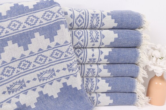 Personalized Gifts, Kilim Throw, 56x85 Inches Sax Blue Cotton Throw, Decorative Blanket, Throw Blanket Couch, Embroidery Bedspread,