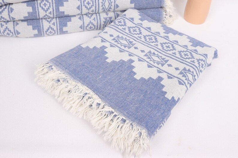 Personalized Gifts, Kilim Throw, 56x85 Inches Sax Blue Cotton Throw, Decorative Blanket, Throw Blanket Couch, Embroidery Bedspread, image 5
